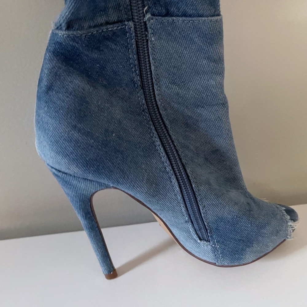 Blue Denim Knee High Peep Toe Boots Party Club Streetwear Festival - Picture 11 of 14